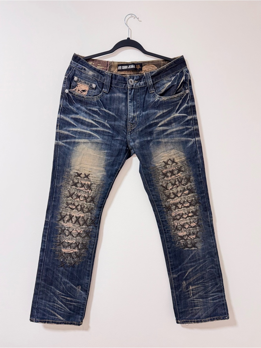 Vintage Gui Shou Jeans Distressed Cross Patchwork Denim Y2K Grunge Cyber Punk 32